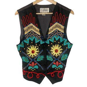 Vintage Cedars 100% Linen Embroidered Embellished Vest Women L Boho Hippie